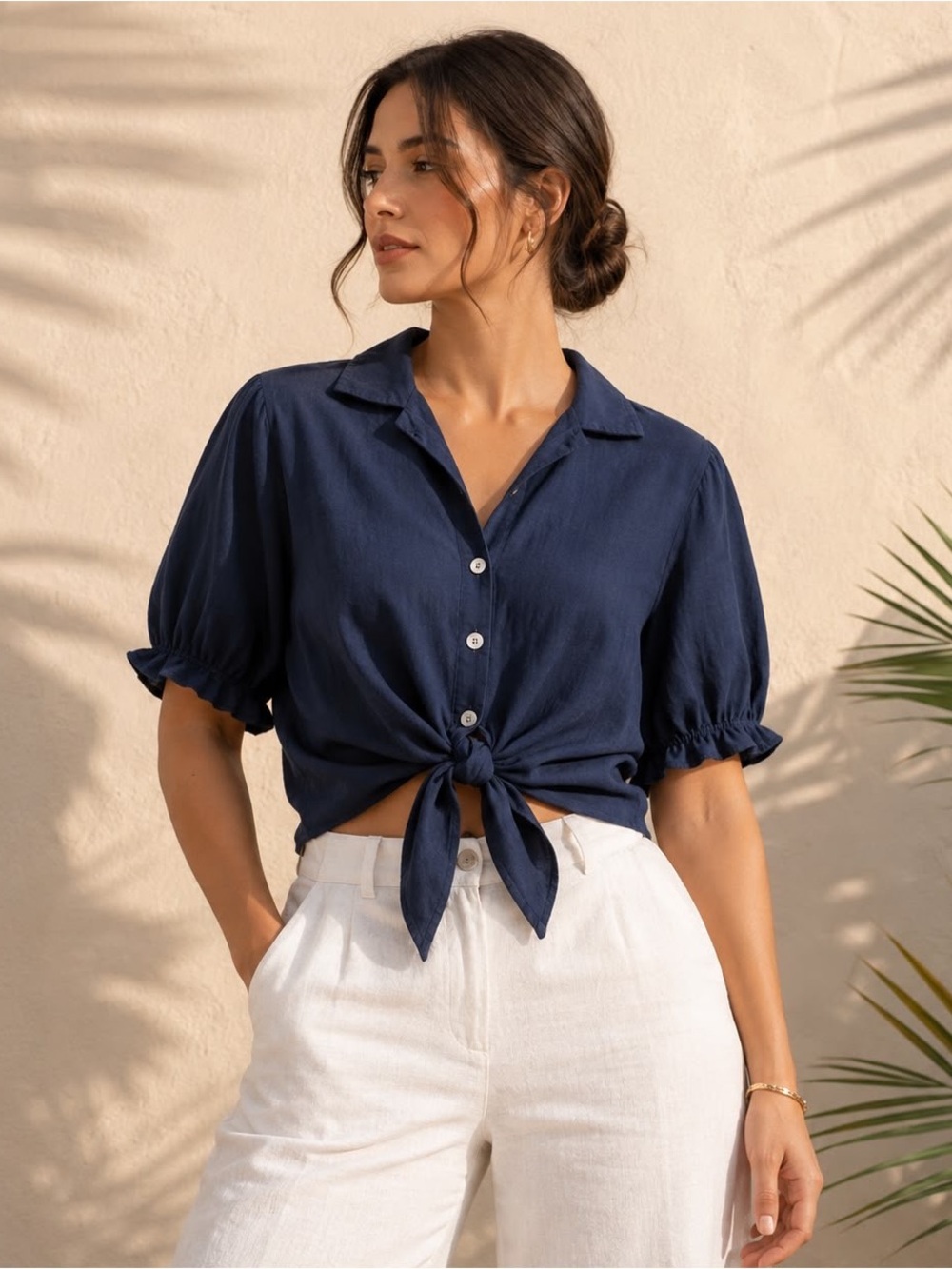 Navy Blue Linen Tie Front Crop Top Blouse Size XL